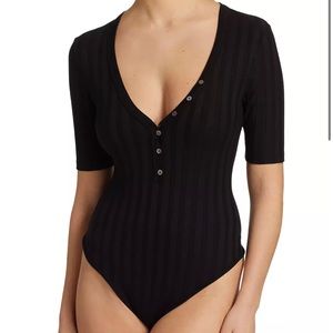 Connie Compact Rib-Knit Short-Sleeve Henley Bodysuit